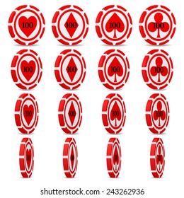 red casino chips set.(four view angle variation per type.)