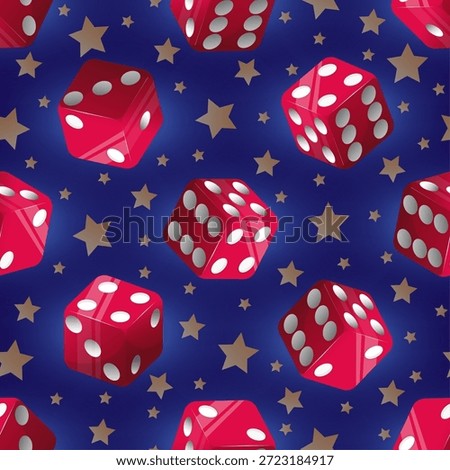 Red casino seamless pattern. Gambling dice and starts. Fortune play. Jackpot cubes. Lucky chance buts. Gamble game. Repeated print. Craps dot numbers. Vegas gaming entertainment. Vector background