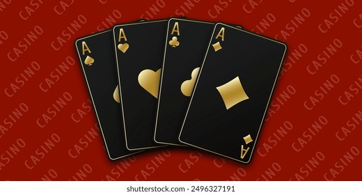 Fondo de mesa de Red Casino. Ilustración vectorial Casino de todos los ases. Una mano abanicada de cartas que consisten en As de picas, diamantes, clubes, corazones.