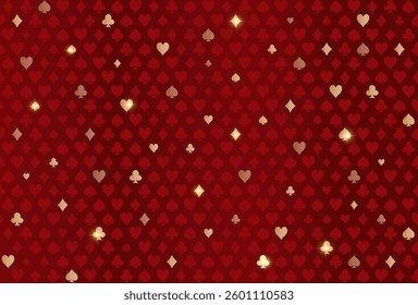 Red casino vector background with shimmering golden card signs. Playing card symbols.
