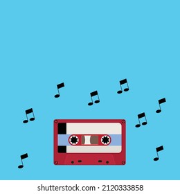 red cassette with musical notes around it on a light blue background
