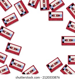 red cassettes in different positions on white background