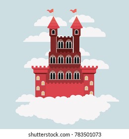 red castle of fairy tales in sky surrounded by clouds in colorful silhouette