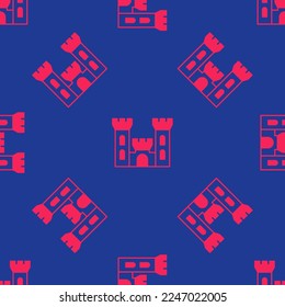 Red Castle icon isolated seamless pattern on blue background. Medieval fortress with a tower. Protection from enemies. Reliability and defense of the city.  Vector