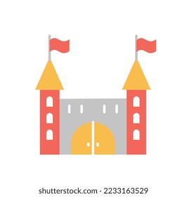 Red castle icon. Wooden gates with stone towers, medieval real estate and buildings. Fortification and fort, defense against attacks. Graphic element for website. Cartoon flat vector illustration