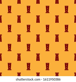 Red Castle tower icon isolated seamless pattern on brown background. Fortress sign.  Vector Illustration