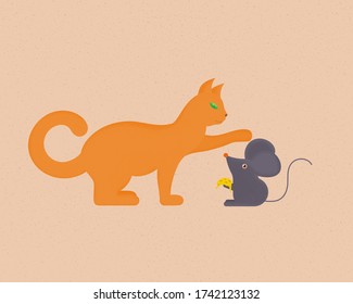 The red cat amiably strokes the head of the mouse, which offers the cat a piece of cheese. Vector illustration on a colored background. Flat design.
