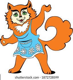 Red cat in an apron standing on its paws is holding something