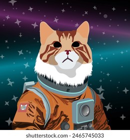 A red cat in an astronaut suit stands against the background of space. The illustration is made mainly in cold colors. The picture conveys beauty, calmness, admiration, boundlessness, immensity. 