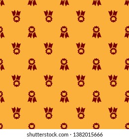 Red Cat award symbol icon isolated seamless pattern on brown background. Medal with cat footprint as pets exhibition winner concept. Vector Illustration