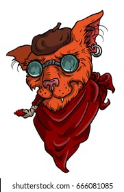 Red cat beatnik with a cigarette, in round glasses, with a scarf and in a beret