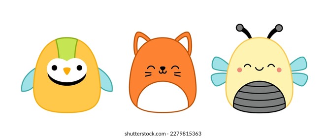 Gato rojo, abeja, loro. Squishmallow. Delicioso juguete de peluche suave. Almohada. Kawaii, caricatura. Ilustración vectorial aislada eps 10