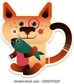 red cat with big eyes with fish, sticker with shadow isolated