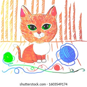 A red cat with a big head sits near balls of thread. Illustration of knitting and feline life.