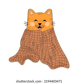 Red cat in a blanket. Autumn, Pledt. Funny kitten. Cat in a blanket. Comfort, Fluffy. Doodle. Flat illustration. Vector.