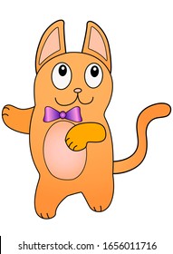 A red cat in a bow tie is dancing. Dancing kitten. Cute funny kitten character - dancer with a purple bow. Vector full color picture.