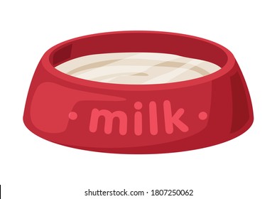 Red Cat Bowl full Milk Cartoon Style Vector Illustration on White Background