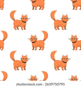 Red cat Cartoon illustration. Happy kitten with collar. Vector illustration. Traveling with pets concept. Flat design. Pet shop, vet clinic character, mascot.