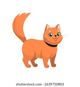 Red cat Cartoon illustration. Happy kitten with collar. Vector illustration. Traveling with pets concept. Flat design. Pet shop, vet clinic character, mascot.