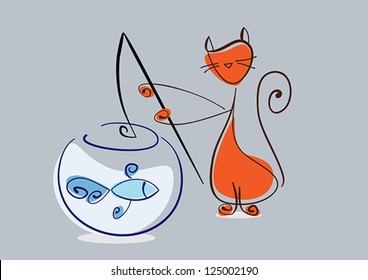 Red cat catches fish from aquarium. Vector eps10 illustration. Raster file included in portfolio