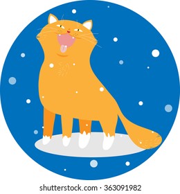 Red cat catching snowflakes with his mouth