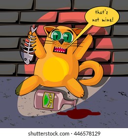 Red cat caught red-handed at the time of drinking valerian. The cat is sitting in the basement on a background of a brick wall lit by a flashlight beam. Cartoon vector illustration.