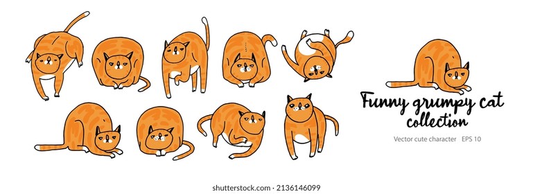 Red Cat Character. Cat Poses and Emotions Set. Cute, Lazy and Grumpy Kitty. Vector Collection with Funny Ginger Cat in Different Poses. Doodle Cartoon Illustrations Isolated on White