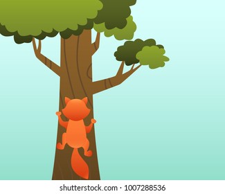 A red cat climbs a tree. Vector illustration