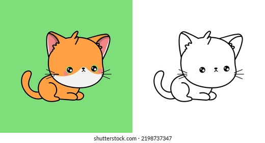 Red Cat Clipart Multicolored and Black and White. Beautiful Clip Art Cat. Vector Illustration of a Kawaii Animal for Prints for Clothes, Stickers, Baby Shower, Coloring Pages.
