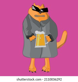 Red cat in a coat with a glass of beer