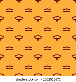 Red Cat collar with name tag icon isolated seamless pattern on brown background. Simple supplies for domestic animal. Cat and dog care. Pet cat chains. Vector Illustration