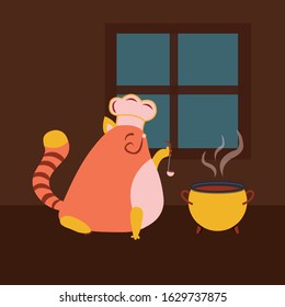 red cat is cooking in the room