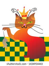 red cat in a crown on the checkered floor with a mouse