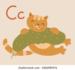 Rote Katze mit Gurke. Fantastische Vektorgrafik für Kinderdesign. Bücher, Poster, Druck. Geruchte Tiere. Handschrift Cc.