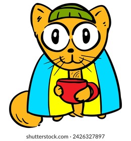 Red cat with a cup of tea and flag of Ukraine on white background. Stock vector military animal sticker for collecting donations and support Ukraine in the war.