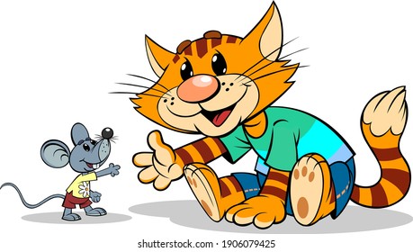 El gato rojo con un lindo ratón. Ilustración vectorial de una caricatura que sonríe gato rojo rayado cogiendo una mano con un pequeño ratón gris.