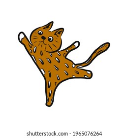 a red cat dances with its tail raised. Vector illustration isolated on a white background. For stickers, tableware designs, T-shirts, baby products, or pet stores.