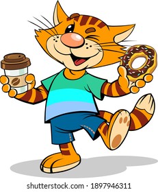 Gato rojo con donut.
Ilustración vectorial de un gato rojo rayado con café para ir y salir con hielo de chocolate.