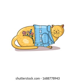 Red cat dressed in a denim jacket. Kitten who loves sweets. 
Fat cat vector.