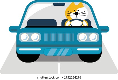 Red cat driving a blue car