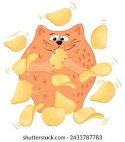 Red cat eats chips. Vector illustration. Cartoon character. Character for advertising chips. For packaging chips, cards, congratulations.