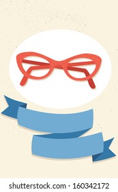 Red Cat Eye Glasses And Blue Ribbon.