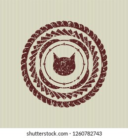 Red cat face icon inside distress grunge seal