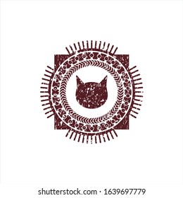 Red cat face icon inside grunge seal