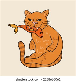 Red cat with a fish in his mouth, carp fish. Asian style. . Retro style from Japan. Flat vector illustration isolated on white background.