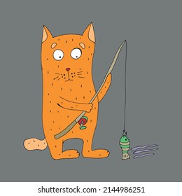 Red cat fishing. Funny cat with a fishing rod in his hands catches fish. Vector illustration. Comics. Coloring for children and adults. Cartoon