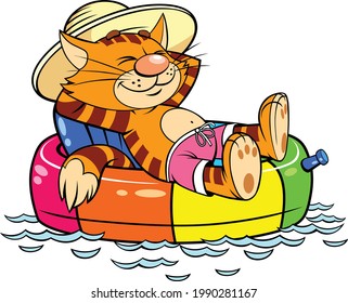 Red cat floating on an inflatable circle.
Color vector illustration of a cartoon red striped cat floating on an inflatable circle.