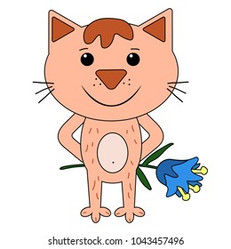 Red cat with a flower behind his back. Image. The cat character vector.