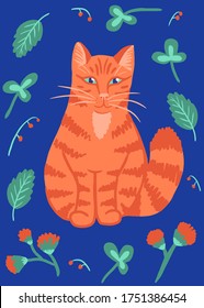 Red cat with flowers on blue background