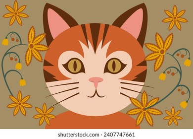 Red cat with flowers on olive colour